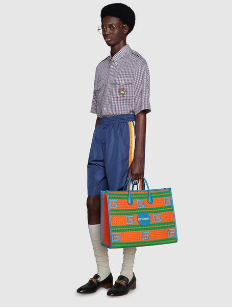 Gucci高仿包包 古驰a货包包 2021夏日度假系列Mykonos橙绿色条纹彩色托特包