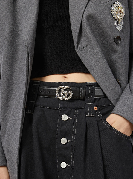 高仿Gucci皮带|GG饰水晶GG Marmont系列窄版腰带