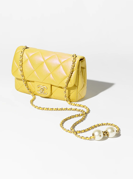 高仿Chanel女包 | 香奈儿2024新款包包 小羊皮+人造珍珠黄色小号口盖包链条包
