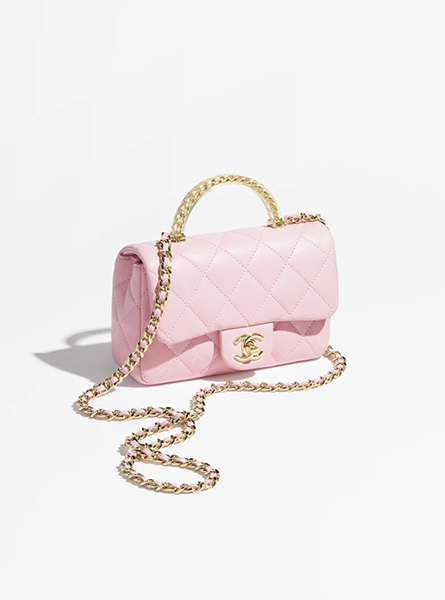 高仿Chanel女包 | 香奈儿2024新款包包 粉红色羊皮革迷你口盖包配以手柄链条包