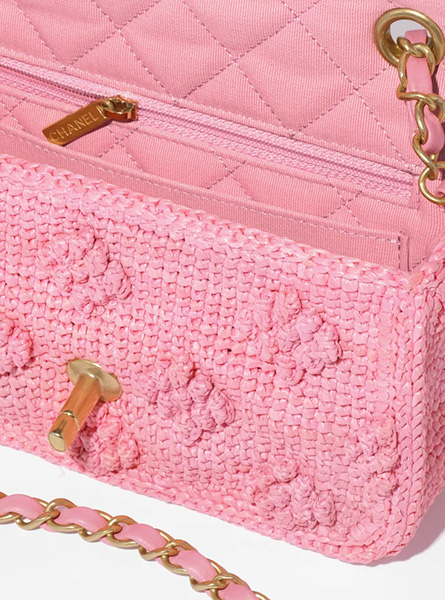 高仿Chanel女包 | 香奈儿2024新款包包 淡粉色 酒椰纤维效果编织 迷你香奈儿口盖包