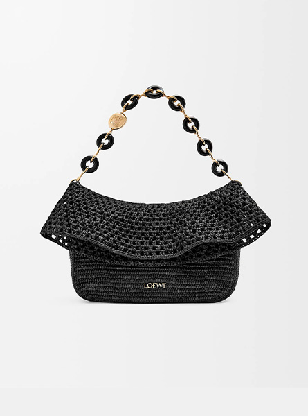 高仿LOEWE包包 | A货罗意威包包 2025年LOEWE新款 黑色 中号拉菲草和牛皮革 Ola 手袋