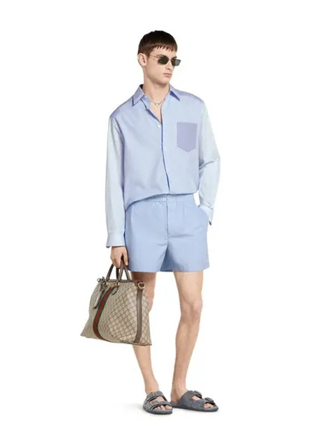 GUCCI高仿男装 | 古驰A货服装  2025夏季GUCCI新款 饰品牌印花压纹标识条纹棉衬衫