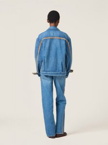 MIUMIU高仿女装 | 缪缪A货服装  2025夏季MIUMIU新款 宝石蓝 牛仔和皮革牛仔裤
