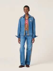 MIUMIU高仿女装 | 缪缪A货服装  2025夏季MIUMIU新款 宝石蓝 牛仔和皮革牛仔裤