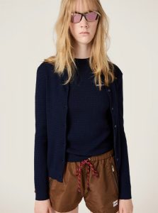 MIUMIU高仿女装 | 缪缪A货服装  2025夏季MIUMIU新款 蓝色 羊绒和丝质绞花针织圆领毛衣
