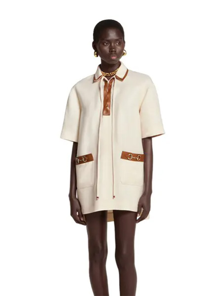 GUCCI高仿女装 | 古驰A货服装  2025早秋GUCCI新款 象牙白色饰马衔扣亚麻帆布连衣裙