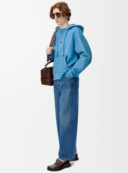 LOEWE高仿男装 | 罗意威A货服装  2025早秋新款 蓝色棉质和纳帕羊皮革混搭连帽卫衣