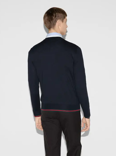 GUCCI高仿男装 | 古驰A货服装  2025早秋GUCCI新款 深蓝色饰织带羊毛针织毛衣