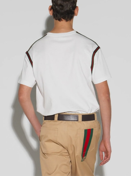 GUCCI高仿男装 | 古驰A货服装  2025早秋GUCCI新款 白色饰织带针织棉T恤