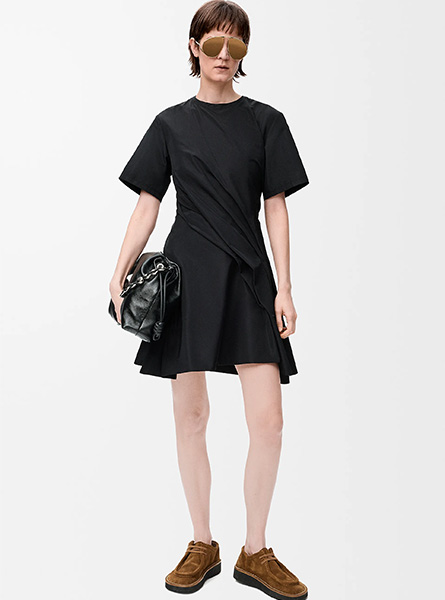 LOEWE高仿女装 | 罗意威A货服装  2025早秋LOEWE新款 黑色丝绸混纺塔夫绸扭褶连衣裙