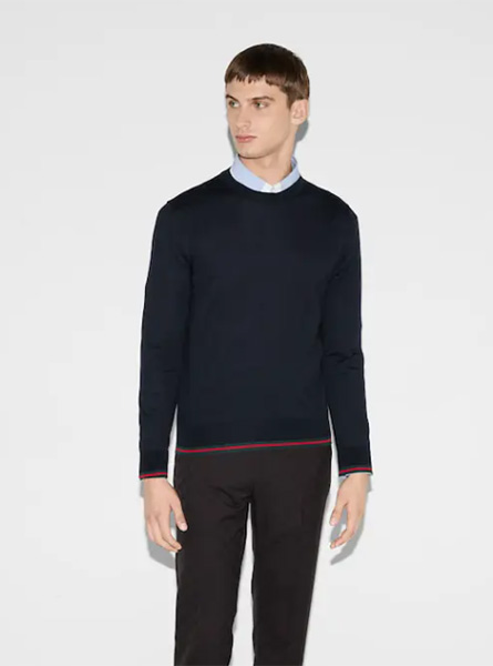 GUCCI高仿男装 | 古驰A货服装  2025早秋GUCCI新款 深蓝色饰织带羊毛针织毛衣