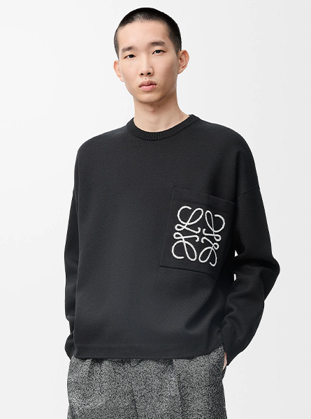 LOEWE高仿男装 | 罗意威A货服装  2025早秋新款 黑色棉质 Anagram 口袋毛衣