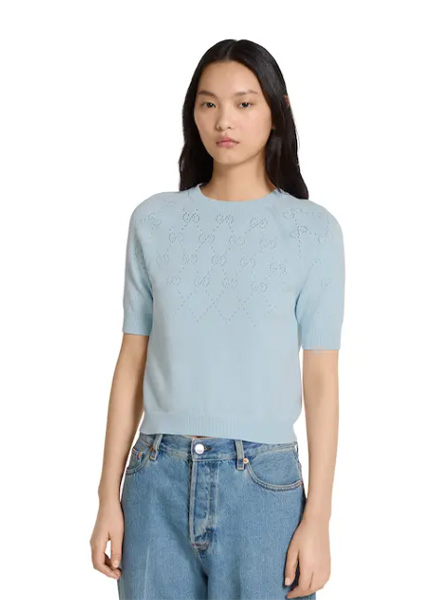 GUCCI高仿女装 | 古驰A货服装  2025早秋GUCCI新款 浅蓝色GG棉质圆领上衣