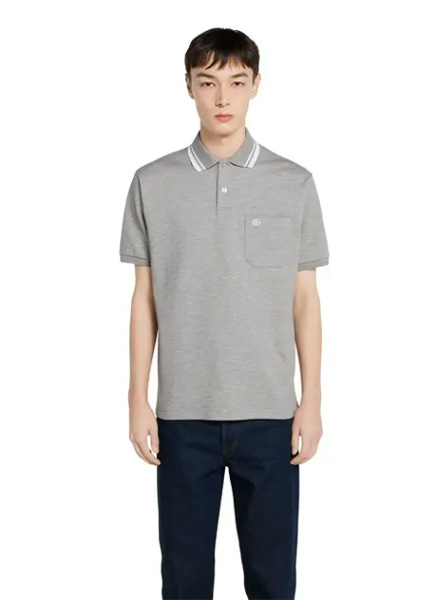 GUCCI高仿男装 | 古驰A货服装  2025早秋GUCCI新款 麻灰色饰刺绣珠地棉Polo衫