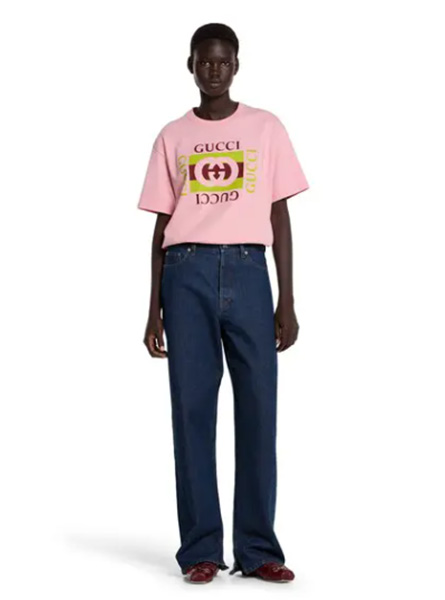 GUCCI高仿女装 | 古驰A货服装  2025早秋GUCCI新款 粉色饰印花针织棉T恤