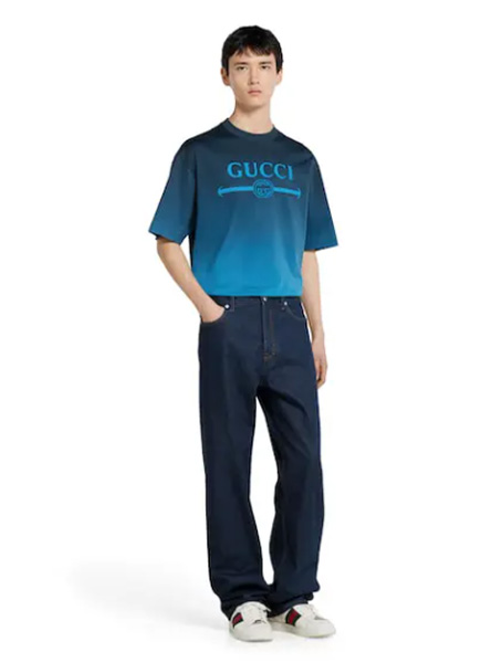 GUCCI高仿男装 | 古驰A货服装  2025早秋GUCCI新款 蓝色印花平纹针织棉T恤