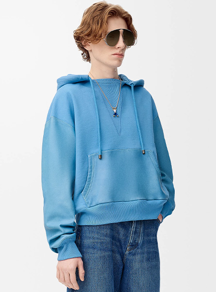 LOEWE高仿男装 | 罗意威A货服装  2025早秋新款 蓝色棉质和纳帕羊皮革混搭连帽卫衣