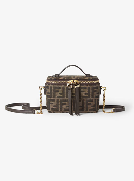 高仿FENDI包包 FENDI Vanity 烟草棕FF提花布料迷你手袋 孟子义｜最新广告大片同款包包