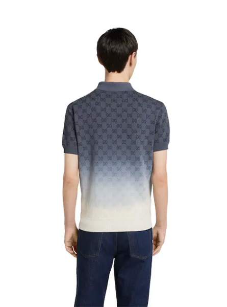 GUCCI高仿男装 | 古驰A货服装  2025早秋GUCCI新款 深蓝色GG针织棉提花翻领T恤