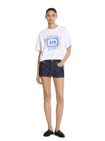 GUCCI高仿女装 | 古驰A货服装  2025早秋GUCCI新款 白色饰印花针织棉T恤