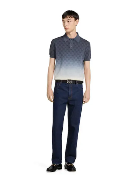 GUCCI高仿男装 | 古驰A货服装  2025早秋GUCCI新款 深蓝色GG针织棉提花翻领T恤
