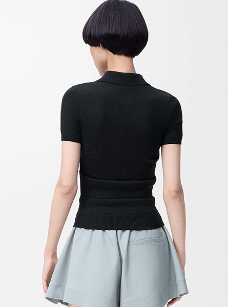LOEWE高仿女装 | 罗意威A货服装  2025早秋LOEWE新款 黑色羊绒和丝绸短袖 Polo 毛衣