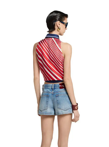 GUCCI高仿女装 | 古驰A货服装  2025早秋GUCCI新款 红色斜纹桑蚕丝印花扭结下摆上衣