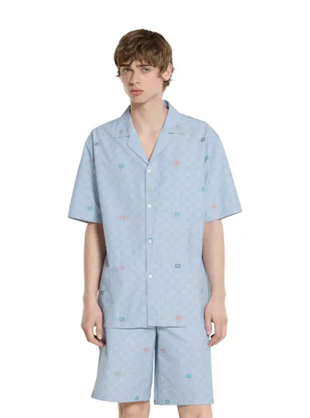 GUCCI高仿男装 | 古驰A货服装  2025早秋GUCCI新款 浅蓝色条纹棉质保龄球衫