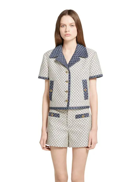 GUCCI高仿女装 | 古驰A货服装  2025早秋GUCCI新款 蓝色菱形棉结子绒夹克