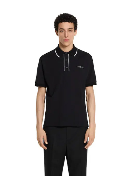 GUCCI高仿男装 | 古驰A货服装  2025早秋GUCCI新款 黑色饰刺绣珠地棉Polo衫