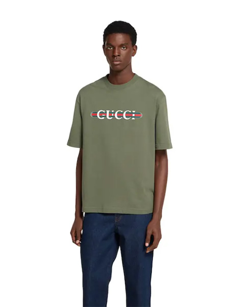 GUCCI高仿男装 | 古驰A货服装  2025早秋GUCCI新款 森林绿饰印花重磅针织棉T恤