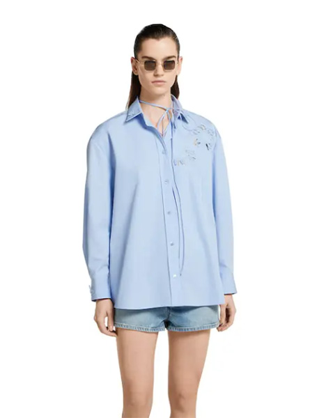 GUCCI高仿女装 | 古驰A货服装  2025早秋GUCCI新款 浅蓝色饰刺绣棉府绸衬衫