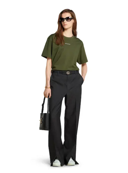 GUCCI高仿女装 | 古驰A货服装  2025早秋GUCCI新款 森林绿针织棉T恤