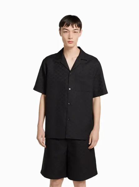 GUCCI高仿男装 | 古驰A货服装  2025早秋GUCCI新款 黑色GG帆布亚麻混纺保龄球衫