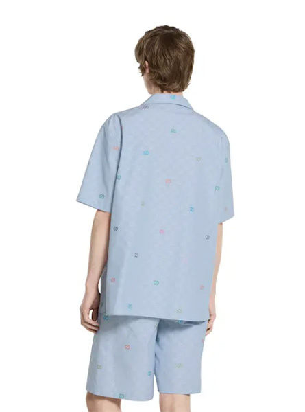 GUCCI高仿男装 | 古驰A货服装  2025早秋GUCCI新款 浅蓝色条纹棉质保龄球衫