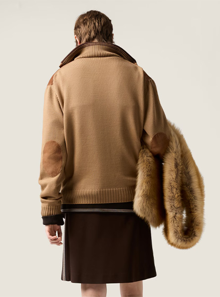 MIUMIU高仿女装 | 缪缪A货服装  2025秋冬MIUMIU新款 肉桂色 羊毛和皮革拉链开衫