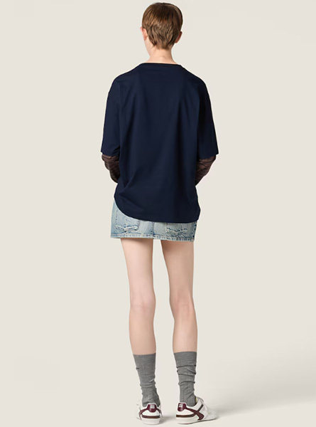 MIUMIU高仿女装 | 缪缪A货服装  2025秋冬MIUMIU新款 蓝色长袖平纹针织T恤