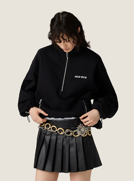 MIUMIU高仿女装 | 缪缪A货服装  2025秋冬MIUMIU新款 黑色棉质抓绒拉链运动衫