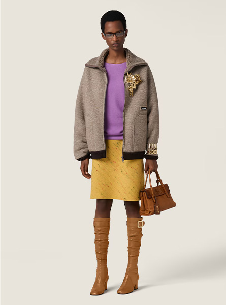 MIUMIU高仿女装 | 缪缪A货服装  2025秋冬MIUMIU新款 绳索灰 棉质抓绒拉链夹克