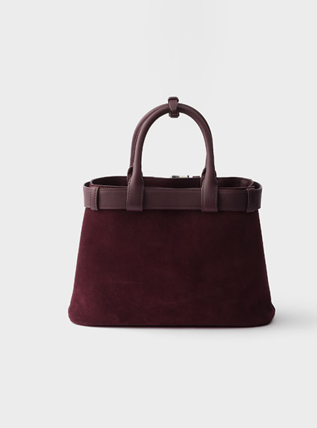 高仿PRADA包包 | A货普拉达女包 2025秋冬PRADA新款 酒红色 中号Prada Buckle袢带绒面皮革手袋