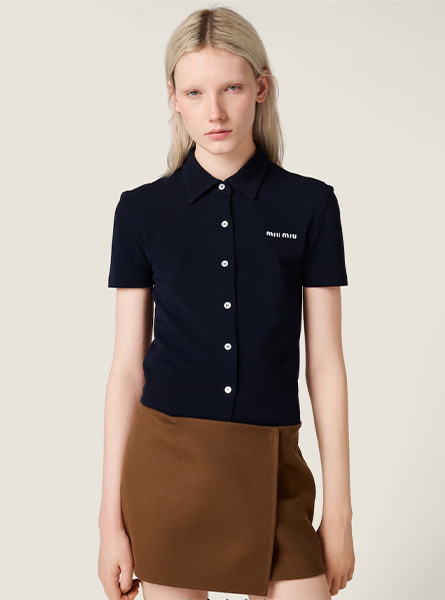 MIUMIU高仿女装 | 缪缪A货服装  2025秋冬MIUMIU新款 蓝色棉质珠地网眼布衬衫