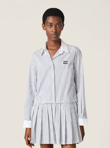 MIUMIU高仿女装 | 缪缪A货服装  2025秋冬MIUMIU新款 蓝色褶皱条纹府绸迷你裙