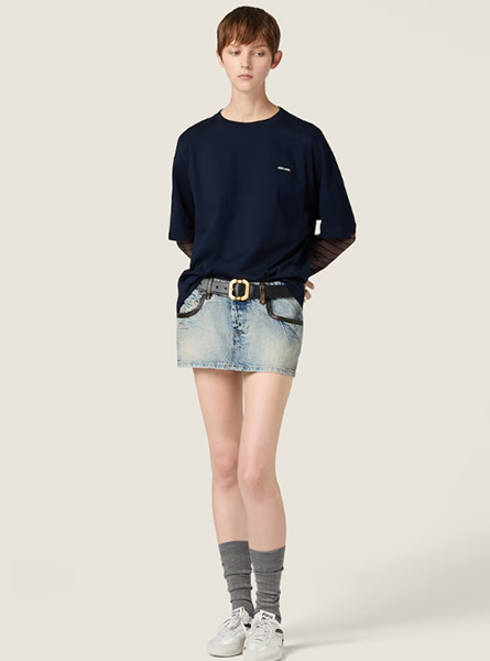 MIUMIU高仿女装 | 缪缪A货服装  2025秋冬MIUMIU新款 蓝色长袖平纹针织T恤