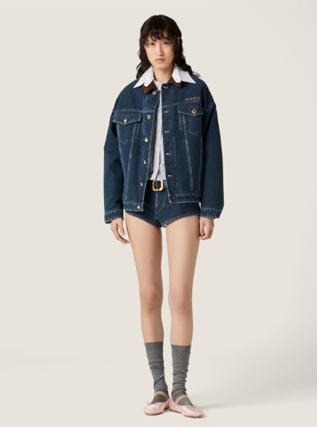 MIUMIU高仿女装 | 缪缪A货服装  2025秋冬MIUMIU新款 蓝色植绒丹宁和丝绒质感夹克