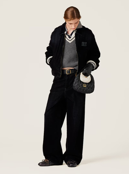 MIUMIU高仿女装 | 缪缪A货服装  2025秋冬MIUMIU新款 黑色水洗植绒钱布雷长裤
