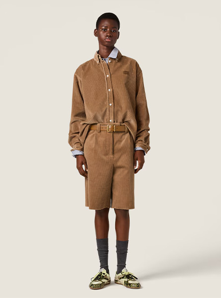 MIUMIU高仿女装 | 缪缪A货服装  2025秋冬MIUMIU新款 灯芯绒和绒面皮衬衫