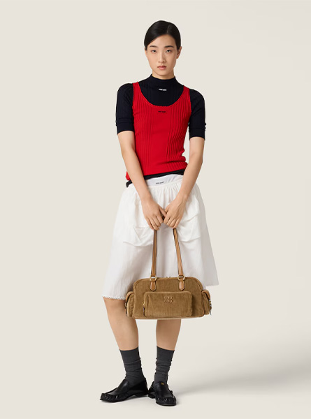 高仿MIUMIU包包 | A货缪缪包包 2025秋冬MIUMIU新款 肉桂色 灯芯绒口袋手提包