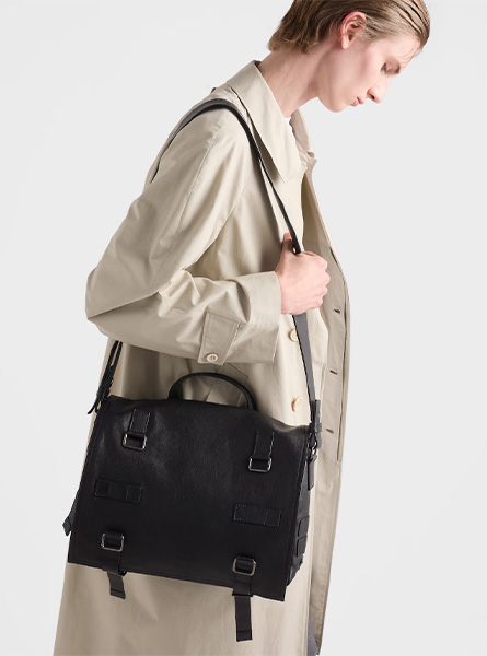 高仿PRADA包包 | A货普拉达男包 2026春夏新款 黑色皮革邮差包